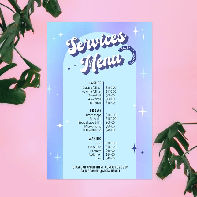 Affiche Menu des services de salon holographique bleu rétr (Retro style price list poster / digital menu featuring groovy fonts and trendy blue design )