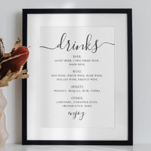 Affiche Menu du bar à boissons de mariage en écriture noir