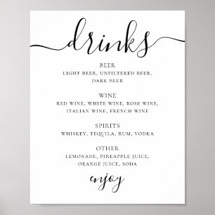 Affiche Menu du bar à boissons de mariage noir et blanc