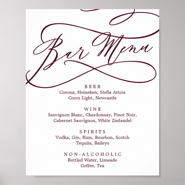 Affiche Menu du bar à calligraphie texte burgundy romantiq (Devant)