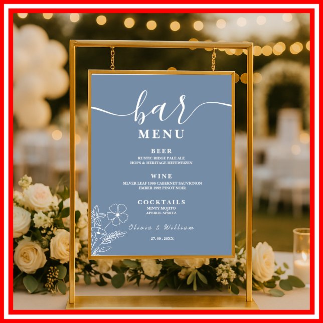 Affiche Menu du bar aux fleurs sauvages pour mariage bleu  (Créateur téléchargé)