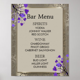 Affiche Menu du Bar - Damassé Fleurs Violettes et Argent