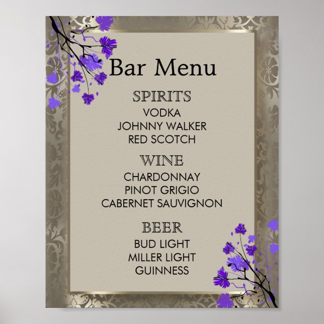 Affiche Menu du Bar -  Damassé Fleurs Violettes et Argent  (Devant)