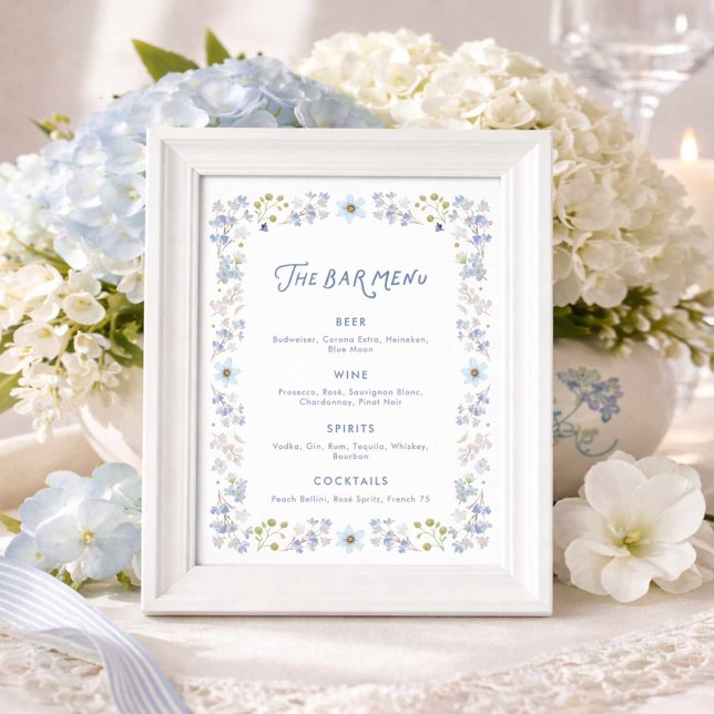 Affiche Menu du bar de la douche de mariage floral bleu (Garden Blue Floral Bridal shower Bar menu
)