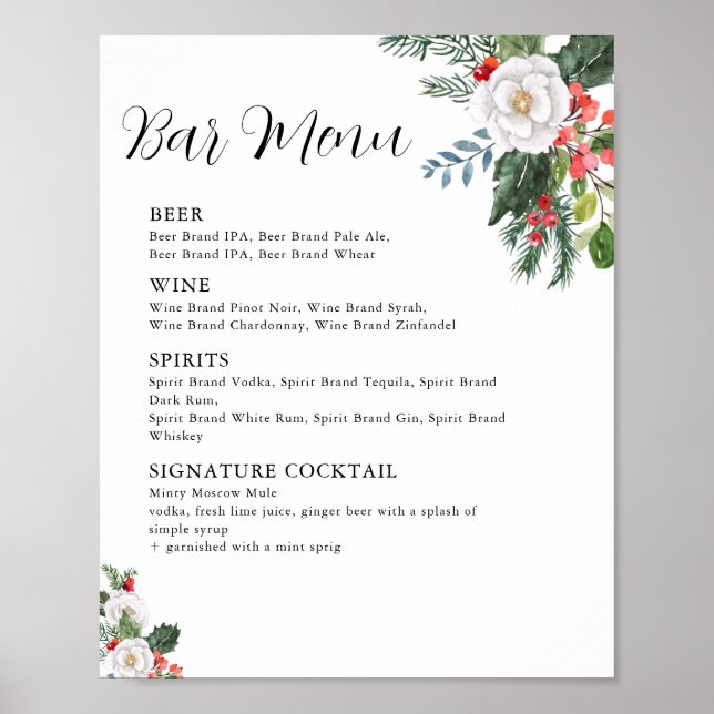 Affiche Menu du bar de la douche de mariée d'hiver de Noël (Devant)