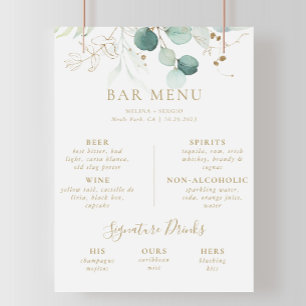 Affiche Menu du bar de mariage au eucalyptus vert or Poste