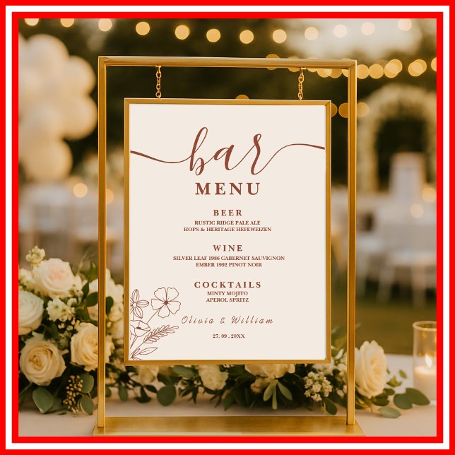 Affiche Menu du bar de mariage aux fleurs sauvages orange  (Créateur téléchargé)