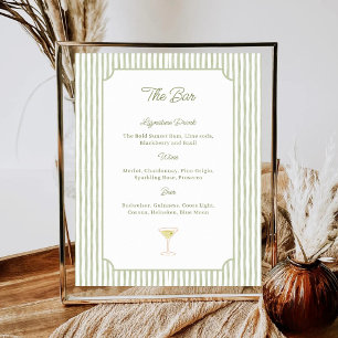 Affiche Menu du bar de mariage avec rayures vertes aquarel