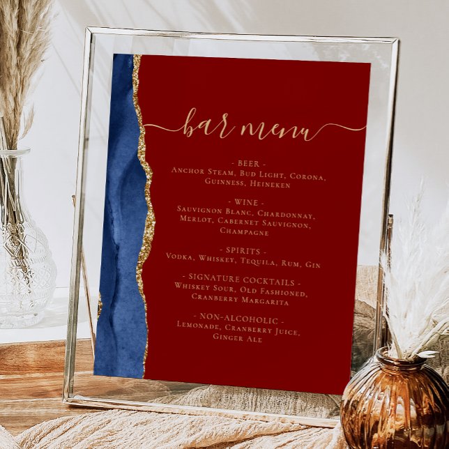 Affiche Menu du bar de mariage bleu marine or agate bordea (Créateur téléchargé)
