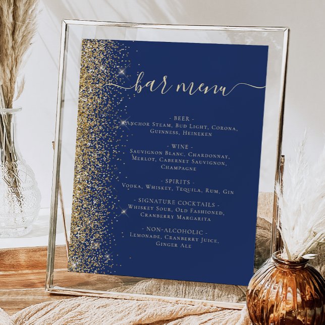Affiche Menu du bar de mariage bleu marine or paillettes (Créateur téléchargé)