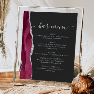 Affiche Menu du bar de mariage Bourgogne Argent Agate Fonc
