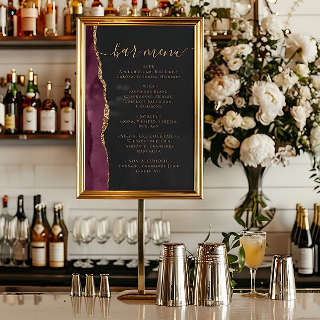 Affiche Menu du bar de mariage Bourgogne Or Agate Foncé (Créateur téléchargé)