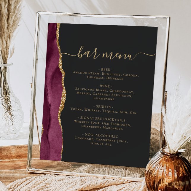 Affiche Menu du bar de mariage Bourgogne Or Agate Foncé (Créateur téléchargé)