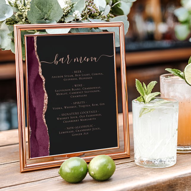 Affiche Menu du bar de mariage Bourgogne Rose Or Agate Fon (Créateur téléchargé)