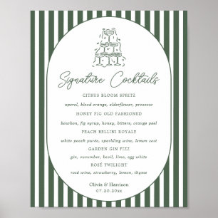 Affiche Menu du bar de mariage cabana prépa rayé vert