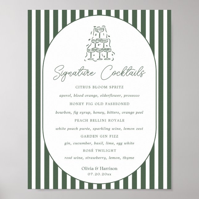 Affiche Menu du bar de mariage cabana prépa rayé vert (Devant)