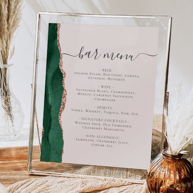 Affiche Menu du bar de mariage Émeraude Vert Rose Or Agate (Créateur téléchargé)