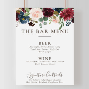 Affiche Menu du bar de mariage Fleurs Classiques Fantaisie