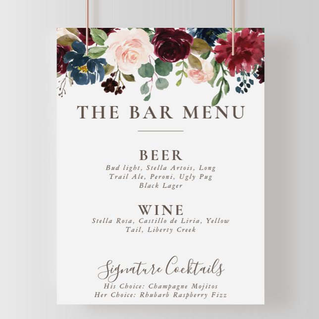 Affiche Menu du bar de mariage Fleurs Classiques Fantaisie (Créateur téléchargé)
