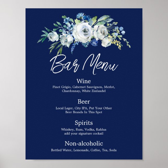 Affiche Menu du bar de mariage floral bleu marine moderne  (Devant)