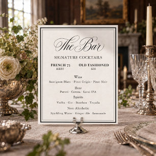 Affiche Menu du bar de mariage Noir et Blanc