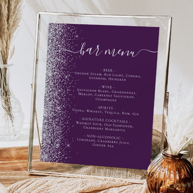 Affiche Menu du bar de mariage paillettes argent violet fo (Créateur téléchargé)