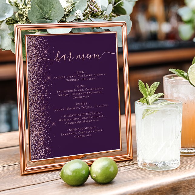 Affiche Menu du bar de mariage Rose pourpre Or Paillettes (Créateur téléchargé)