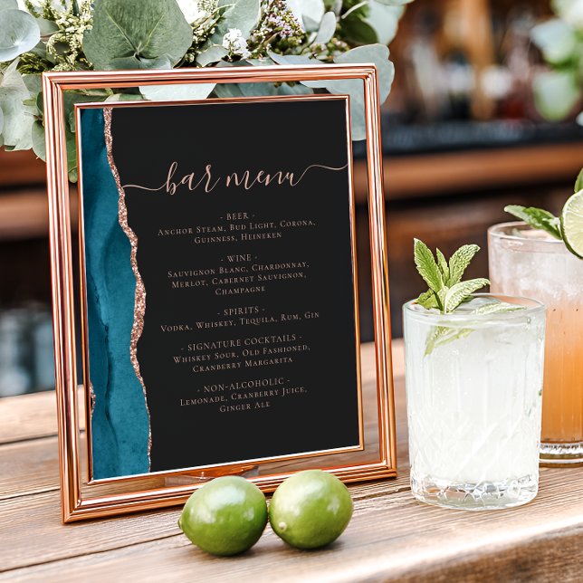 Affiche Menu du bar de mariage Teal Blue Rose Gold Agate S (Créateur téléchargé)