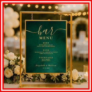 Affiche Menu du bar de mariage vert émeraude et or