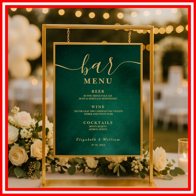 Affiche Menu du bar de mariage vert émeraude et or (Créateur téléchargé)