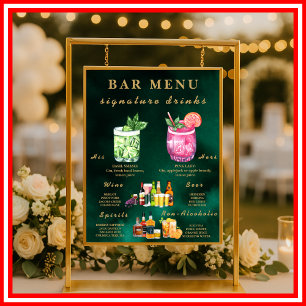 Affiche Menu du bar de mariage vert émeraude et or