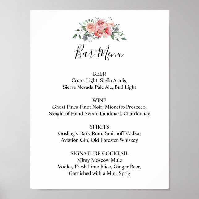 Affiche Menu du bar de réception de mariage écriture flora (Devant)