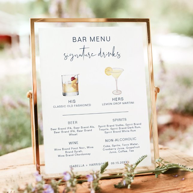 Affiche Menu du bar de signature de cocktail Navy CAITLIN (Edgy Modern Minimalist Navy Blue Watercolor Drink Wedding Bar Menu Sign)