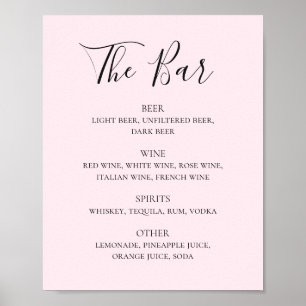 Affiche Menu du bar des boissons de mariage rose vif