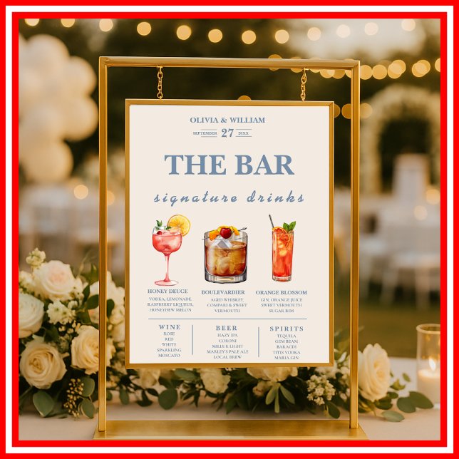 Affiche Menu du bar des boissons signatures de mariage ble (Créateur téléchargé)