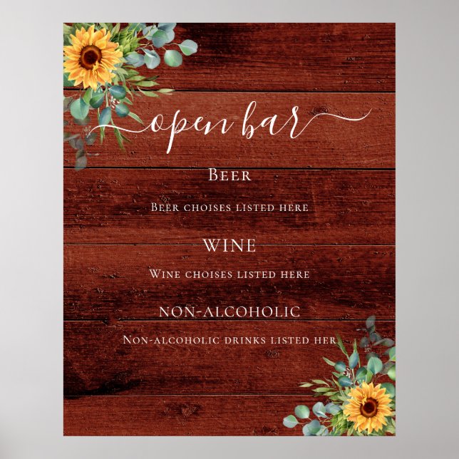 Affiche Menu du bar en bois marron des fleurs de soleil (Devant)