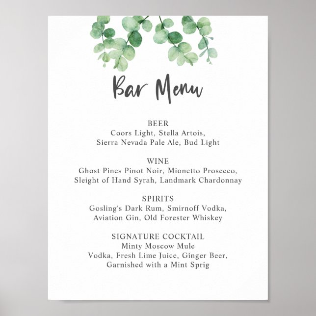Affiche Menu du bar Eucalyptus Mariage Botanique Verdure (Devant)