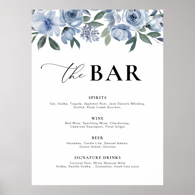 Affiche menu du bar floral bleu poussiéreux (Devant)