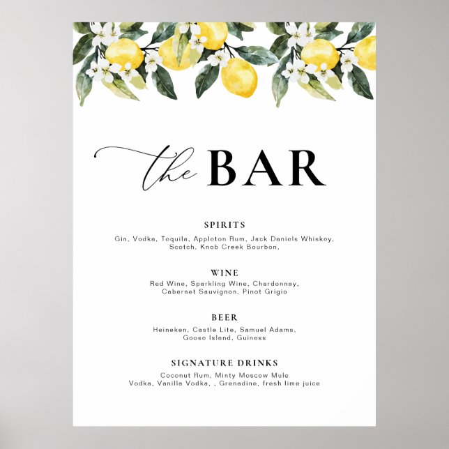 Affiche Menu du Bar Floral Lemon Vert Moderne (Devant)