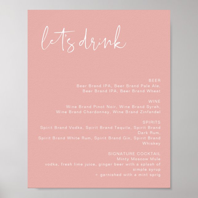 Affiche Menu du bar LEAH Vibrant Pastel Rose Let's Drink  (Devant)