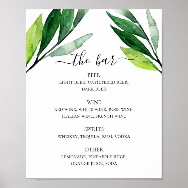Affiche Menu du bar mariage boissons vertes feuillage (Devant)