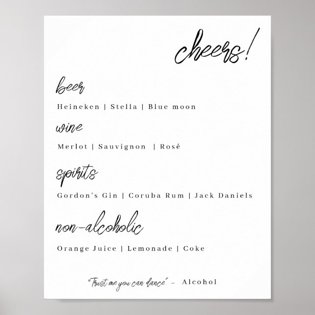Affiche menu du bar mariage - élégance simple (Devant)
