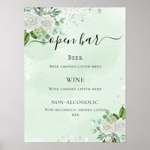 Affiche menu du bar mariage vert eucalyptus à fleurs