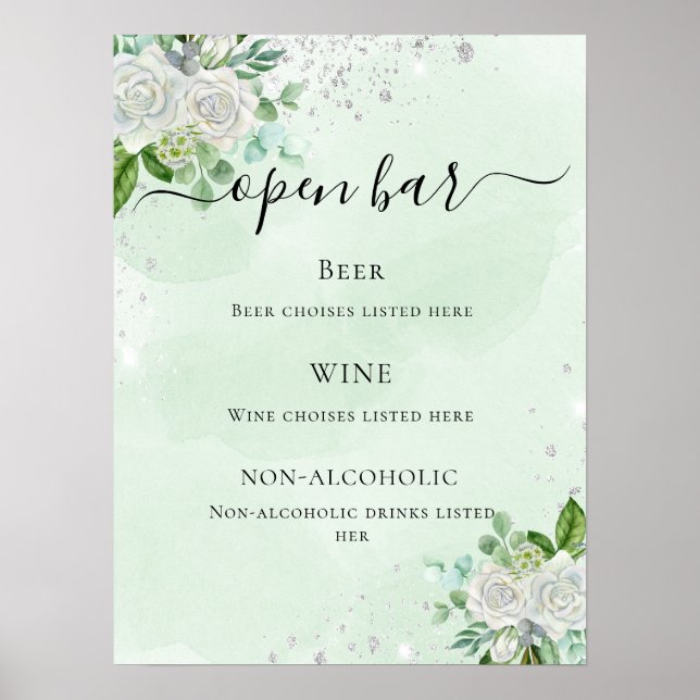 Affiche menu du bar mariage vert eucalyptus à fleurs (Devant)