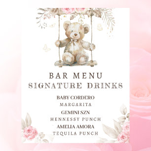 Affiche Menu du bar pour Baby Shower Ourson Floral Rose