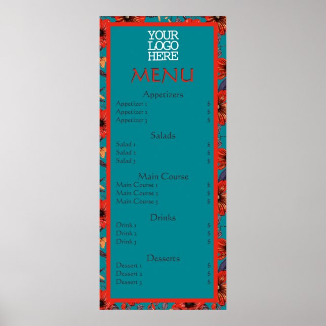 Affiche Menu du Café Restaurant Fleur Rouge Turquoise (Devant)