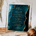 Affiche Menu du Mariage d'Agate d'Or bleu turquoise<br><div class="desc">Le bord gauche de cet élégant panneau de menu mariage moderne est doté d'une bordure turquoise en aquarelle bleue ornée d'une parties scintillant en faux or. Le mot "Menu" apparaît dans un script d'écriture manuscrite de couleur or. Personnalisez le texte restant avec les noms du couple, la date du mariage...</div>