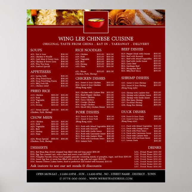 Affiche Menu du restaurant chinois (Devant)