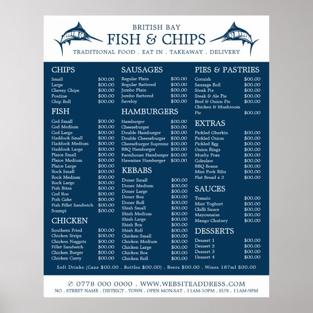 Affiche Menu du restaurant de la boutique de poisson et de (Devant)