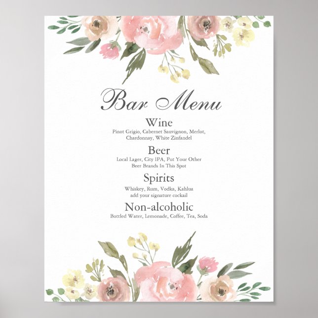 Affiche Menu élégant à la barre de Mariage rose pâle (Devant)